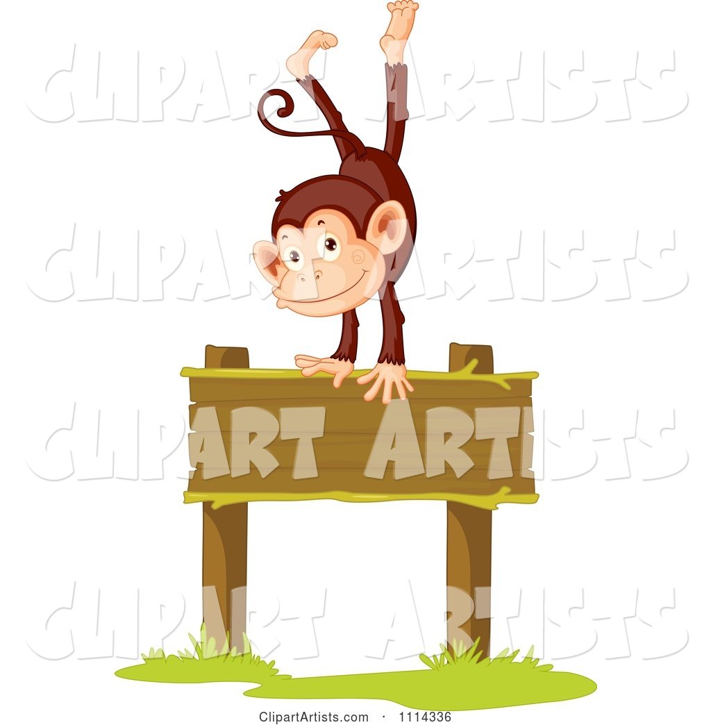 Cute Happy Monkey Doing a Handstand on a Blank Wood Sign