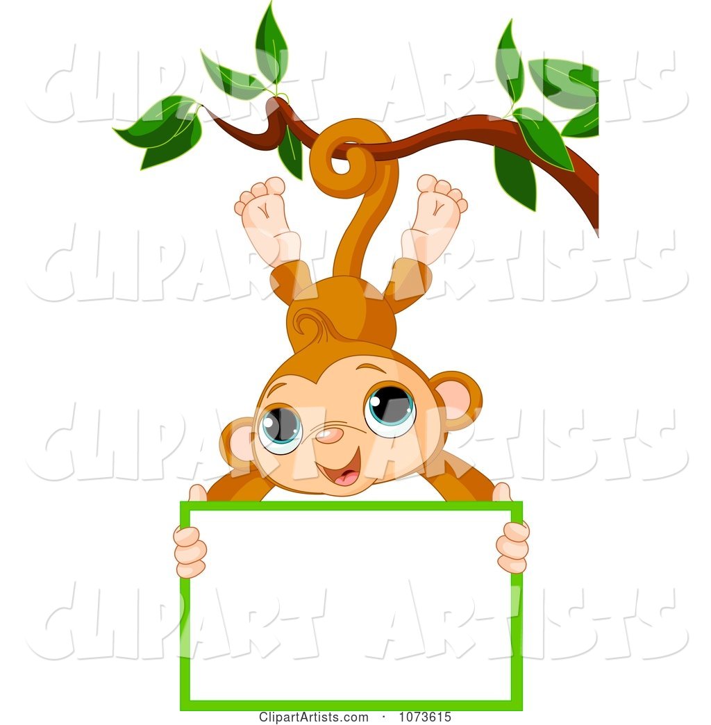 Cute Monkey Hanging from a Tree with a Sign