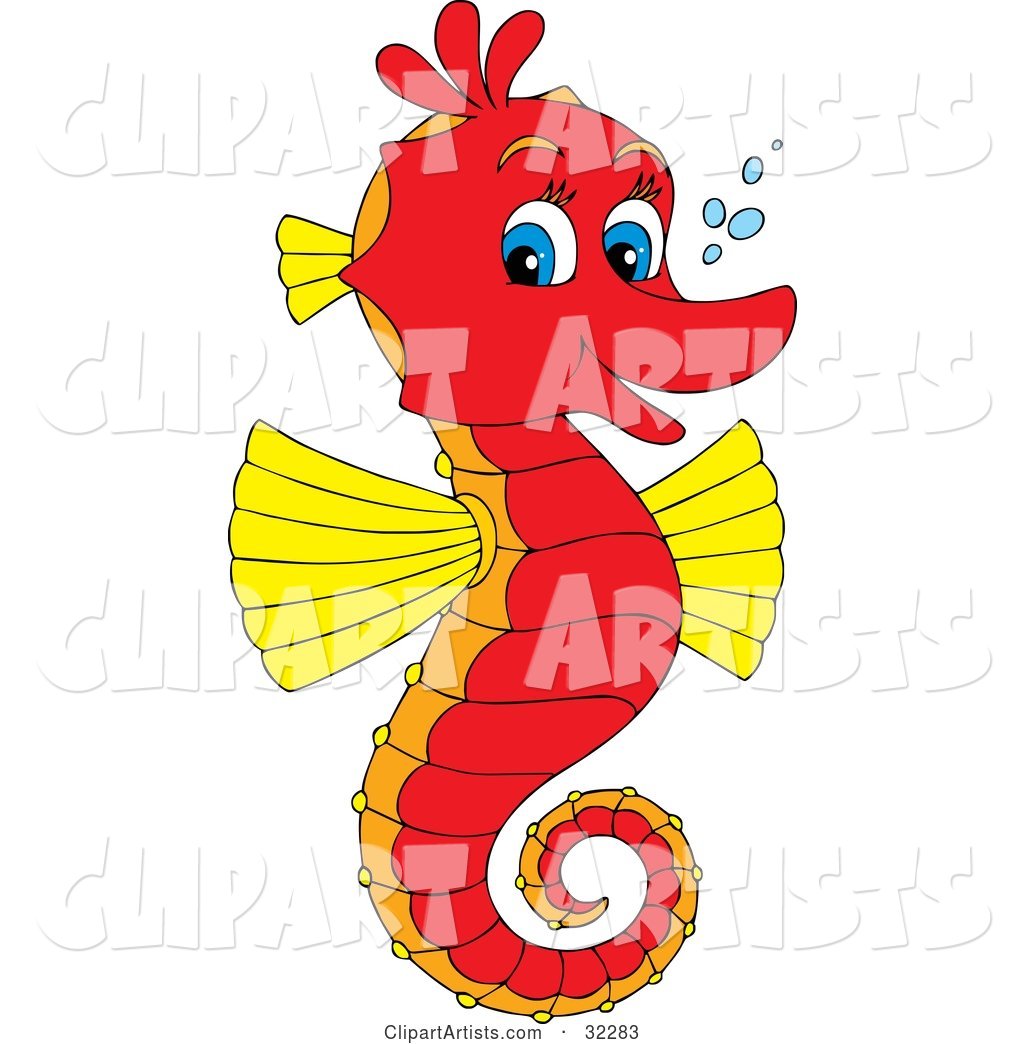 Cute Red and Yellow Seahorse with Blue Eyes, Facing Right and Smiling at the Viewer, with Bubbles