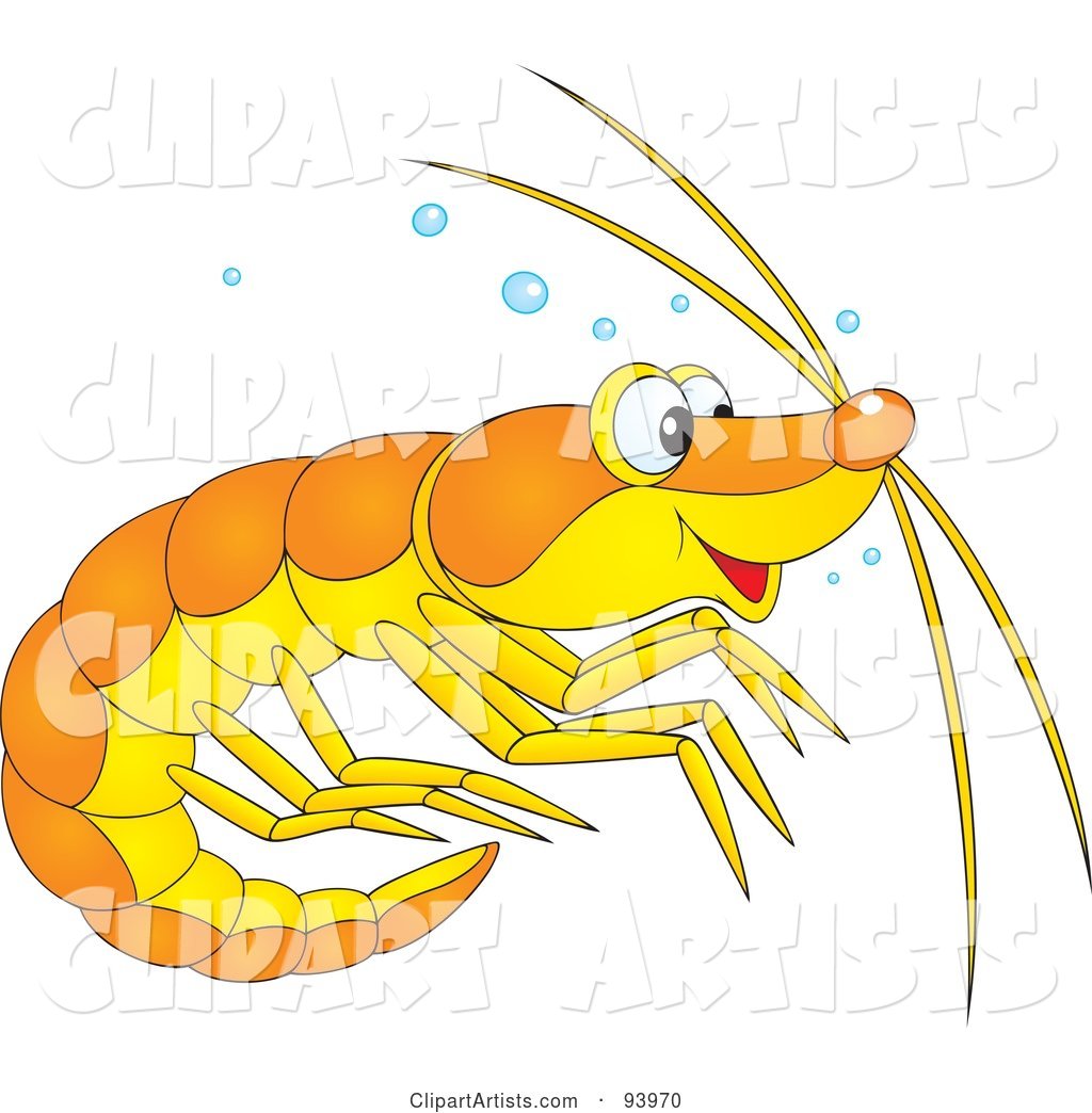 Cute Yellow and Orange Prawn or Shrimp with Bubbles