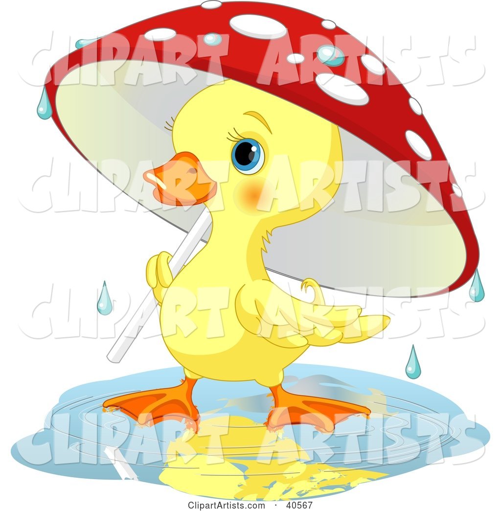 Cute Yellow Duckling Strolling Under a Mushroom Umbrella on a Rainy Spring Day