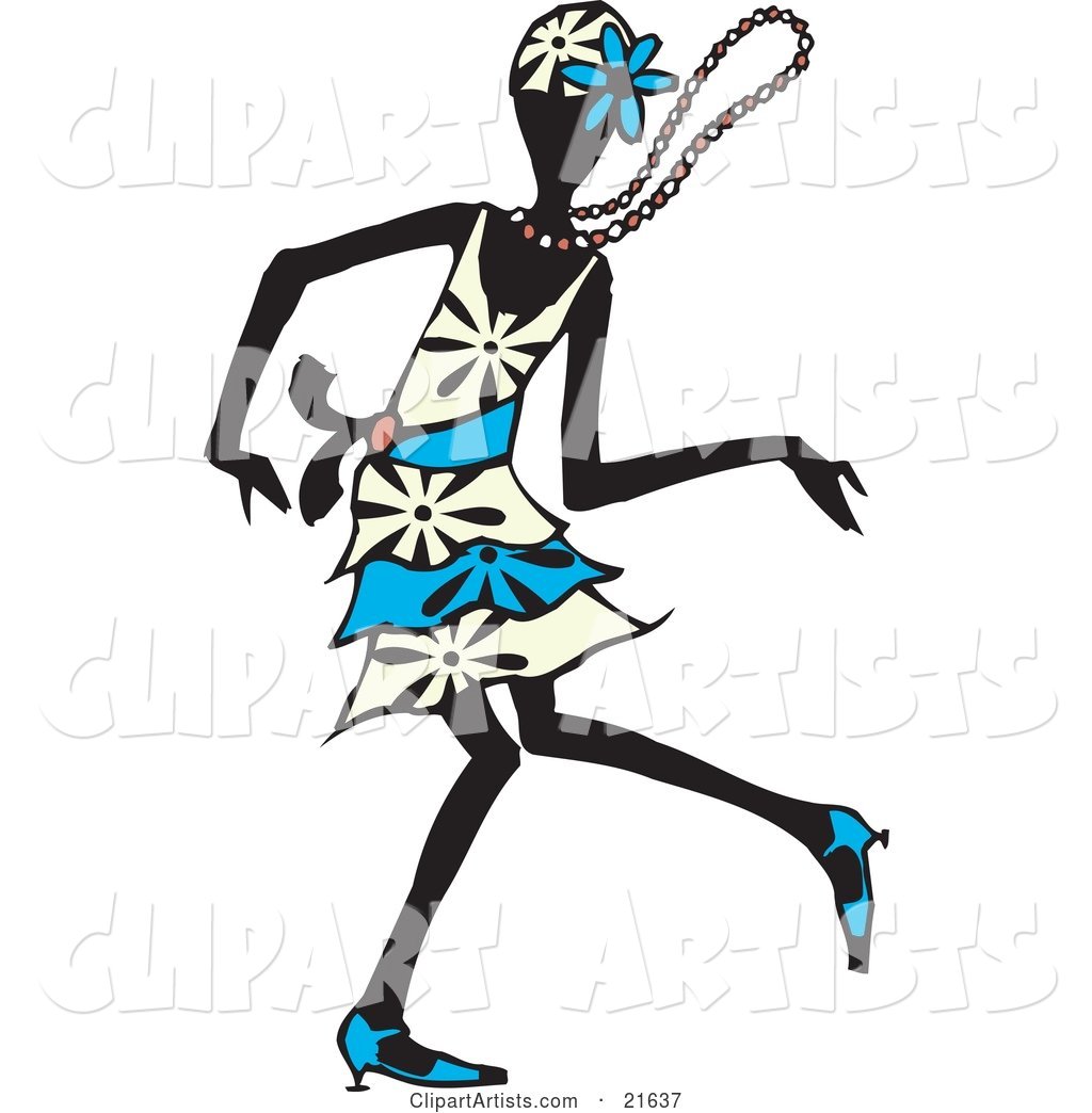 Dancing Flapper Woman in a White and Blue Dress, Floral Hat and Heels, Moving on the Dance Floor with Her Necklace Flying Around Her Neck
