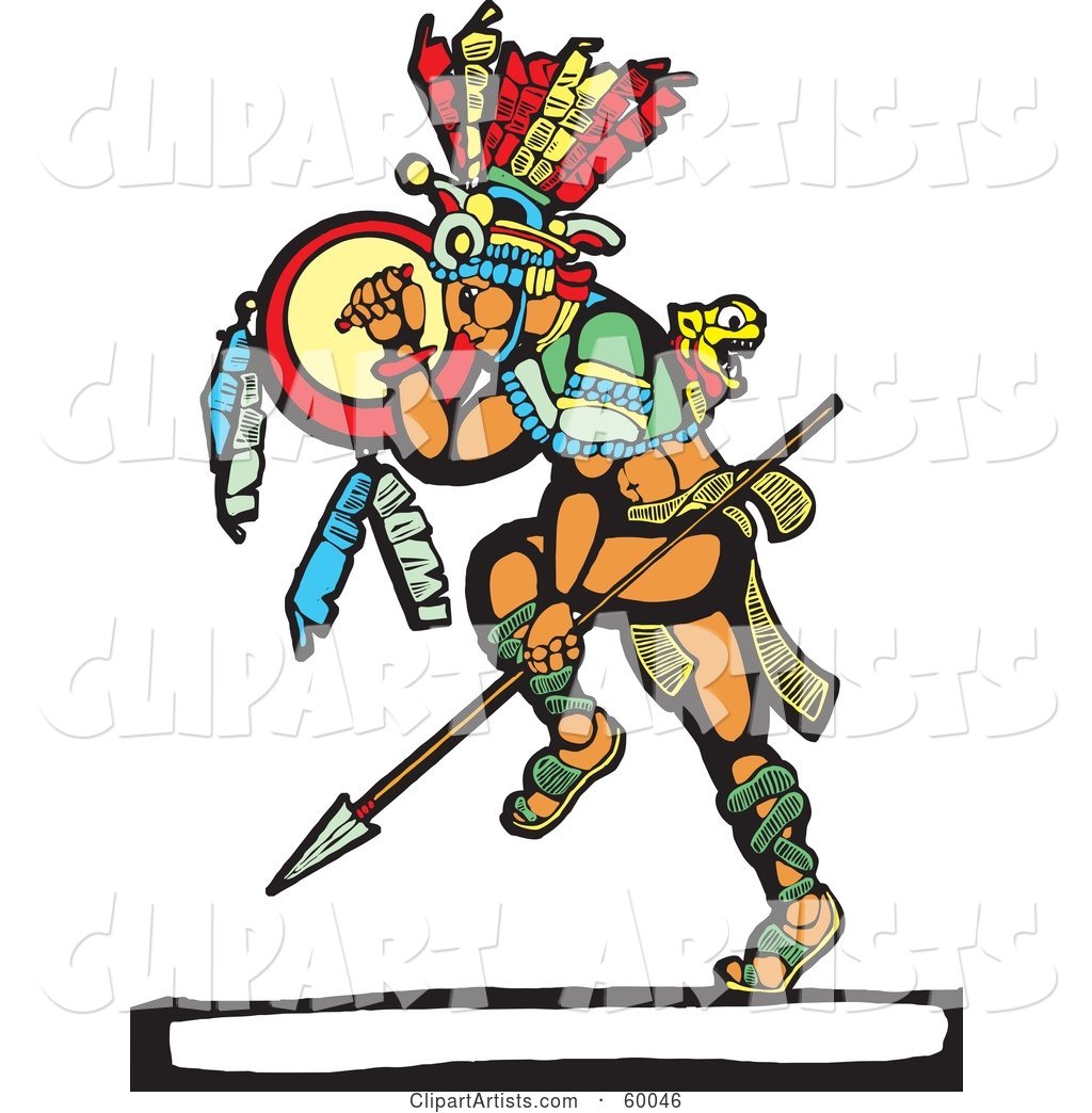 Dancing Mayan Warrior with a Shield and Spear