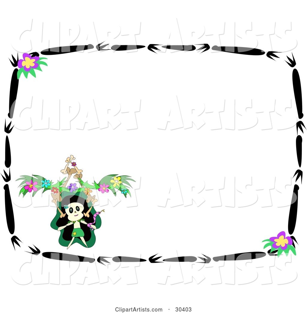 Dancing Skeleton in the Corner of a Stationery Background with a Border of Black Branches and Purple Flowers