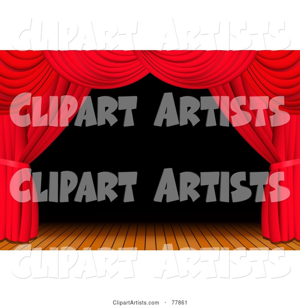 Dark and Deserted Wooden Stage Framed with Red Theatre Curtains