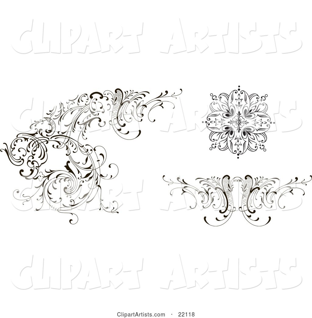 Different Floral Design Elements, Black and White