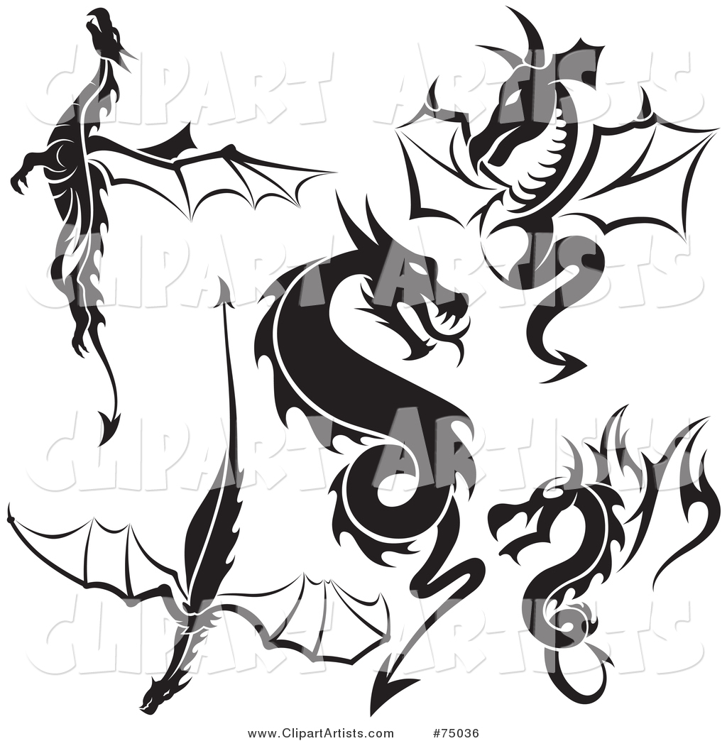 Digital Collage of Black and White Dragon Tattoo Design Elements - Version 2