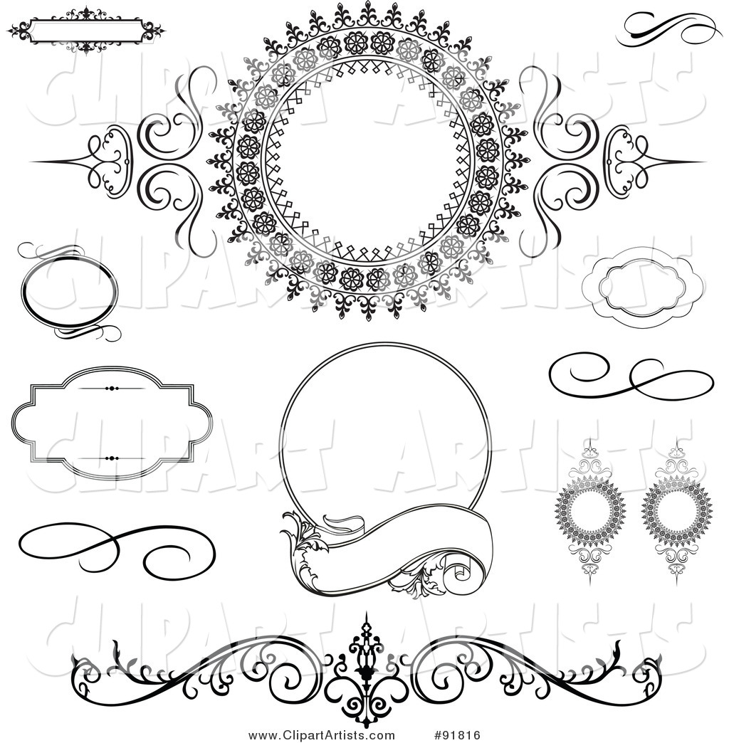 Digital Collage of Black and White Flourishes, Swirls and Text Boxes
