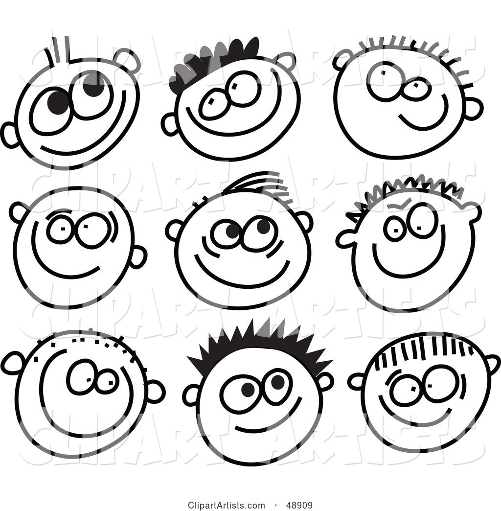 Digital Collage of Black and White Grinning Boy Stick People Faces