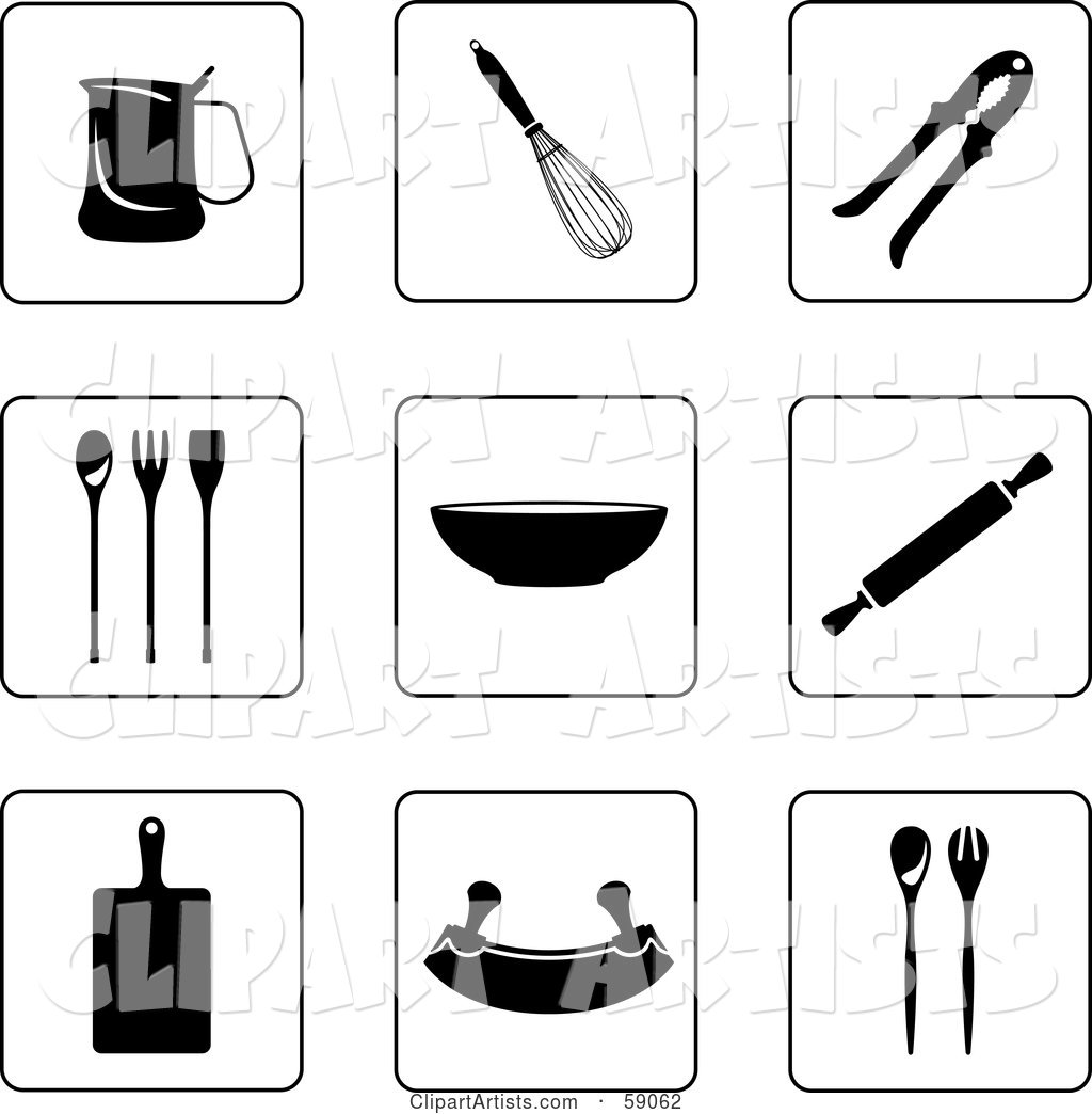 Digital Collage of Black and White Kitchen Icon Buttons - Version 2
