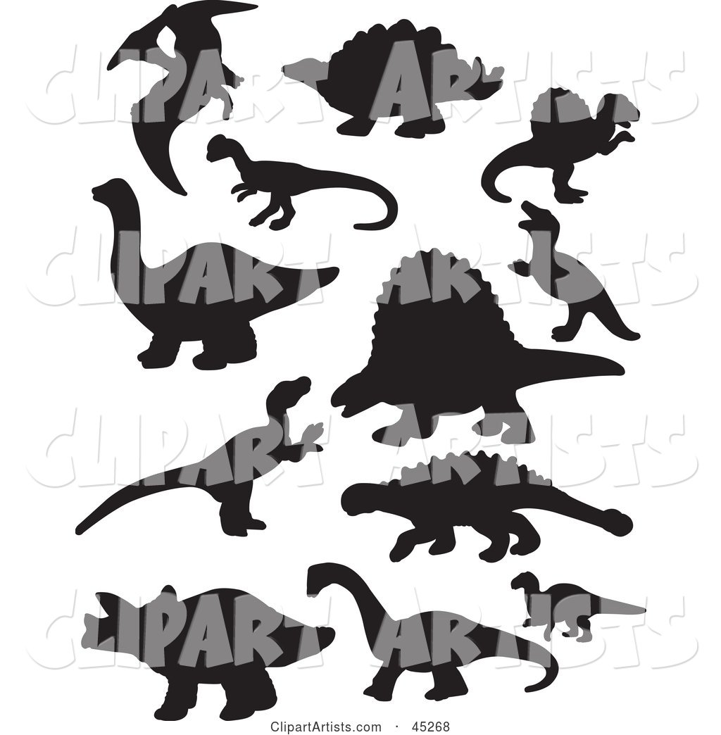 Digital Collage of Black Dinosaur Silhouettes