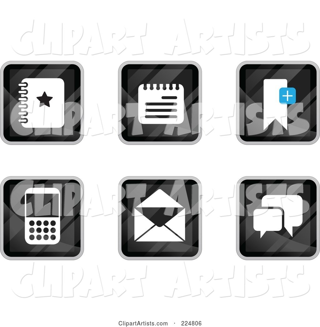 Digital Collage of Black Square Notepad, Contact, Calculator, Email and Messenger App Icons