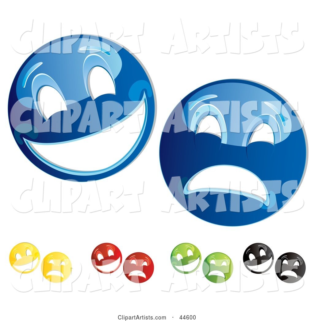Digital Collage of Blue, Yellow, Red, Green and Black Theater Mask Emoticons