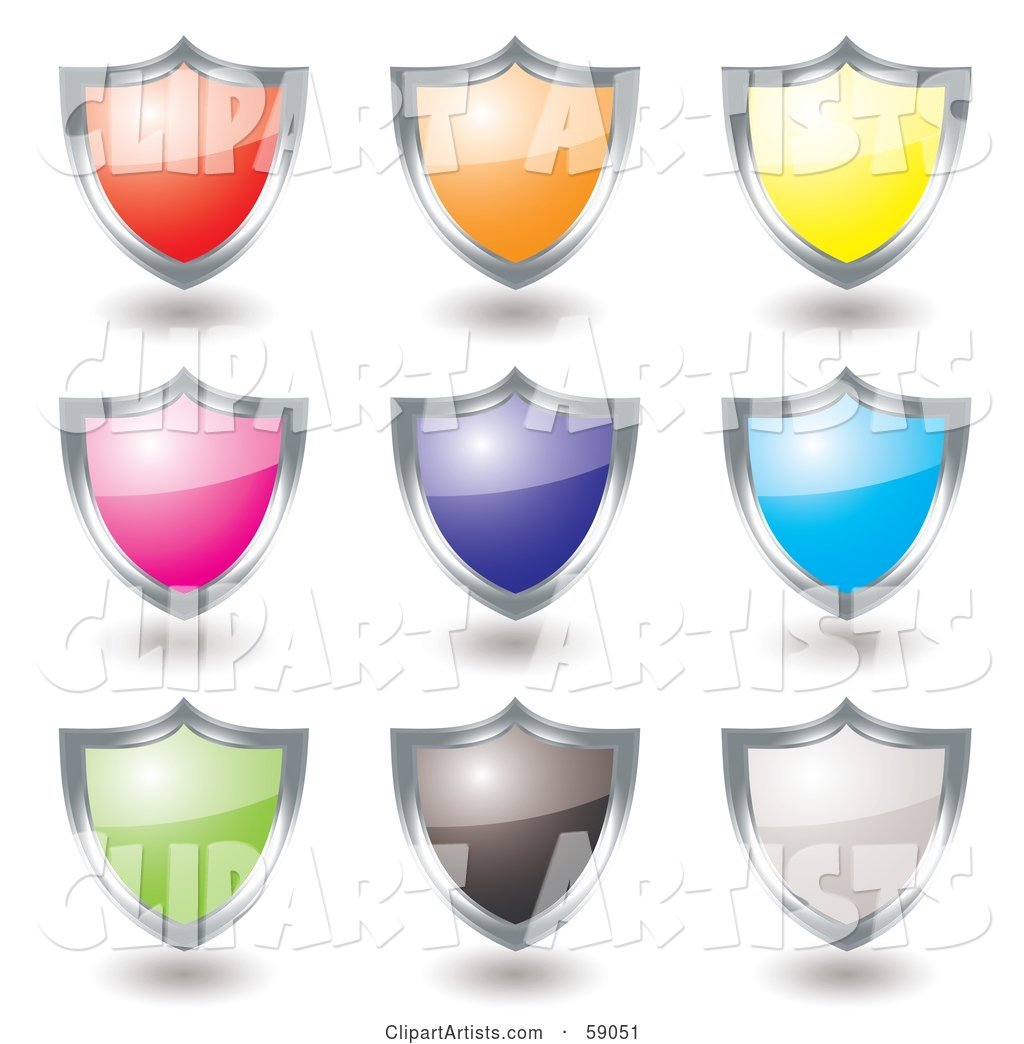 Digital Collage of Colorful Shield Icon Buttons Rimmed in Chrome - Version 3
