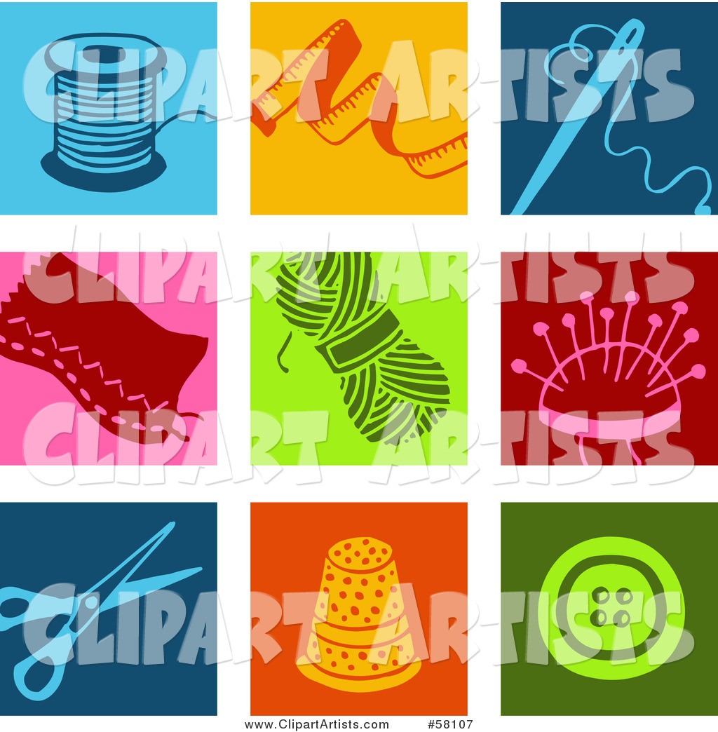 Digital Collage of Colorful Thread, Tape Measure, Needle, Patch, Yarn, Scissors, Thimble and Button Icons