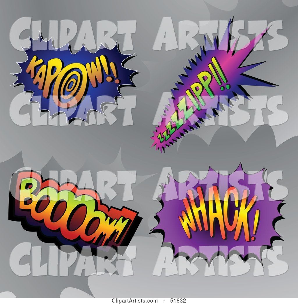 Digital Collage of Comic Sound Balloons; Kapow!!, Zzzzzipp!!, Boooomm, Whack!