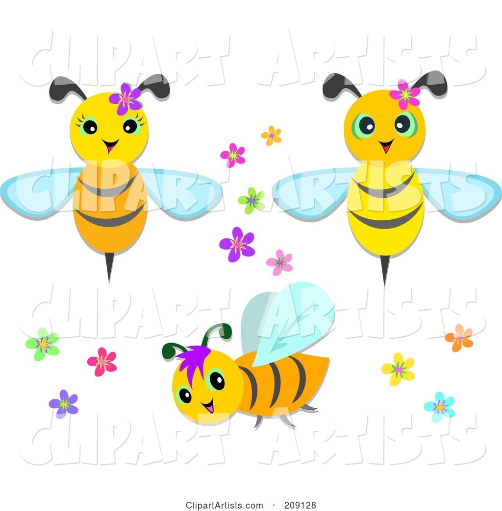 Digital Collage of Cute Bees with Flowers