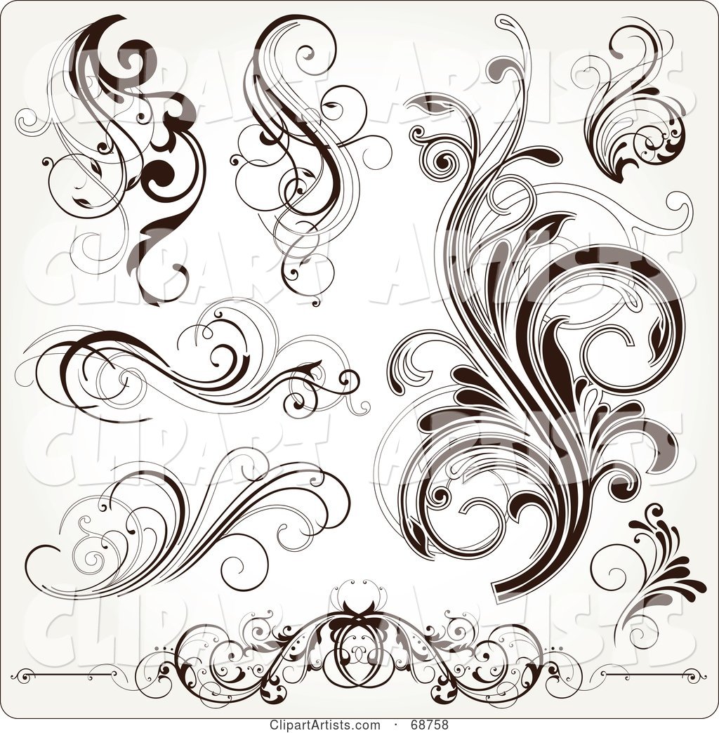 Digital Collage of Dark Brown Floral Scroll Design Elements
