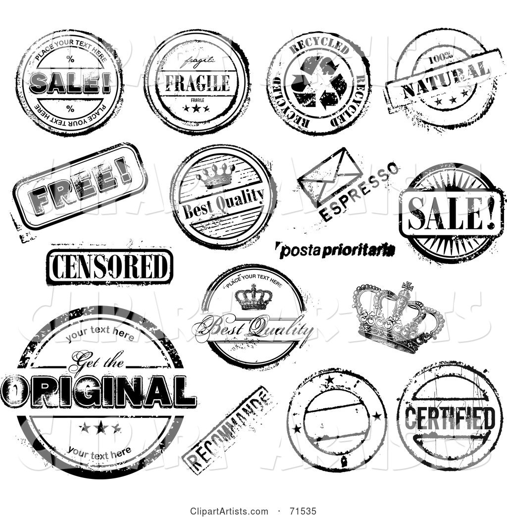 Digital Collage of Distressed Black and White Rubber Stamp Styled Notices