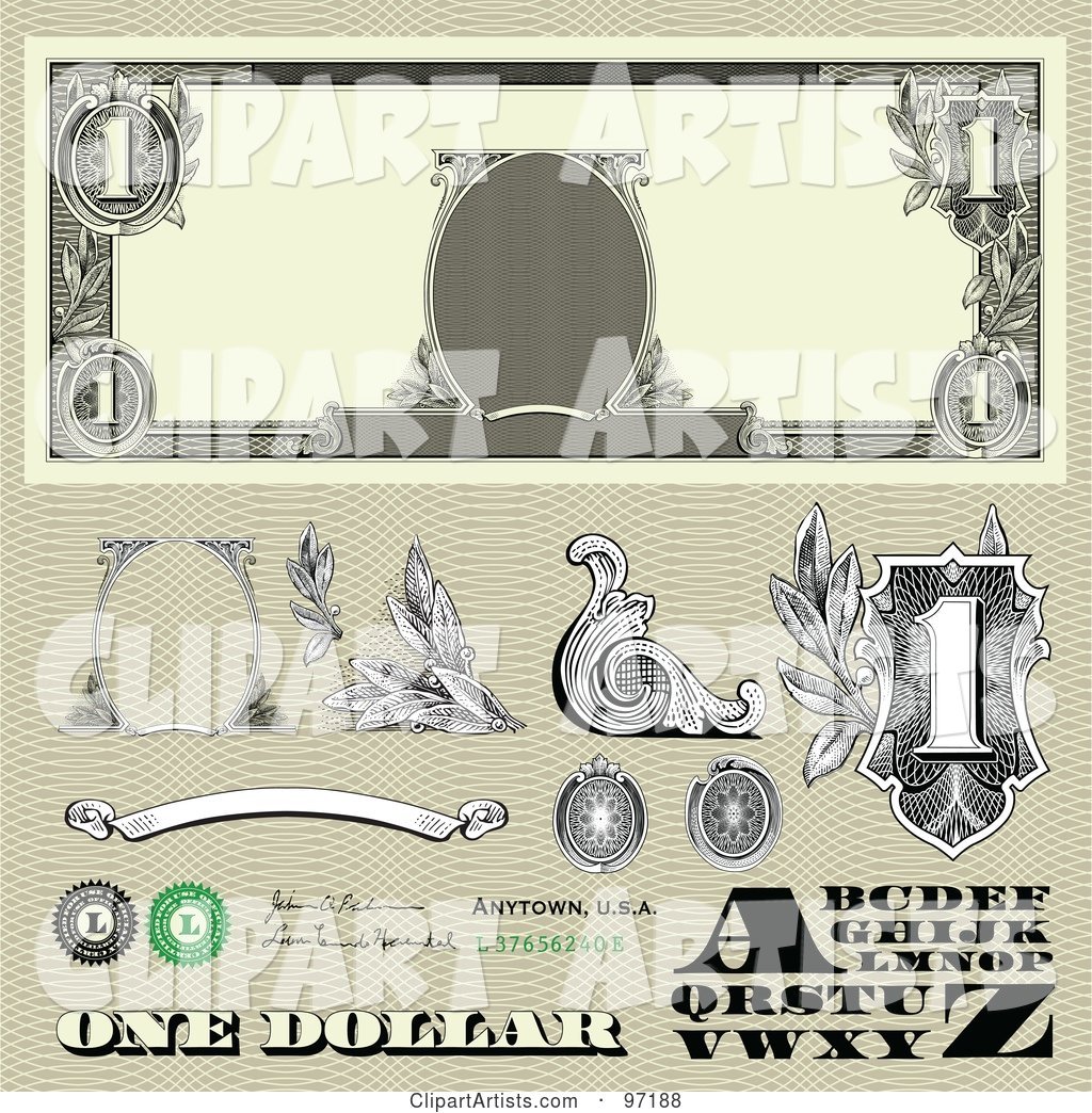 Digital Collage of Dollar Bill Bank Note Design Elements