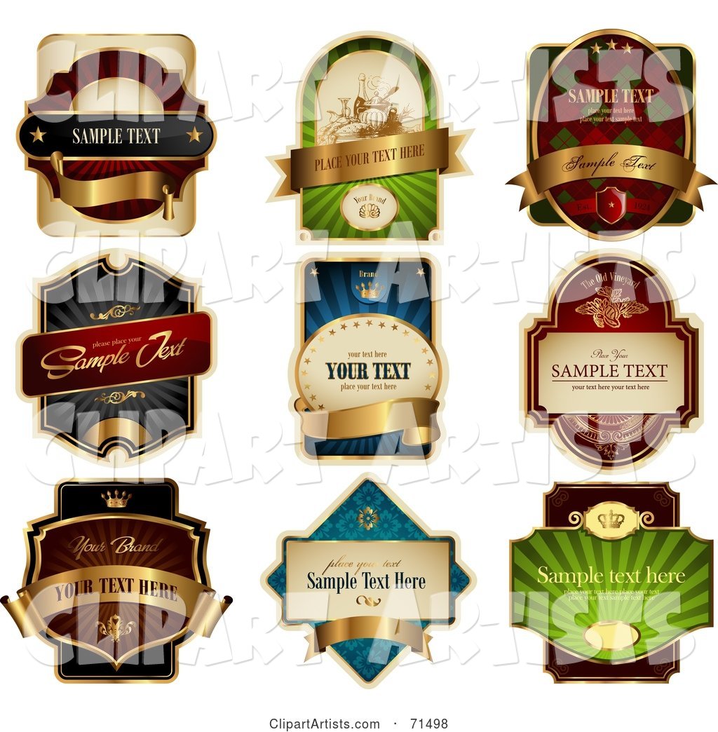 Digital Collage of Elegant Product Labels with Golden Banners