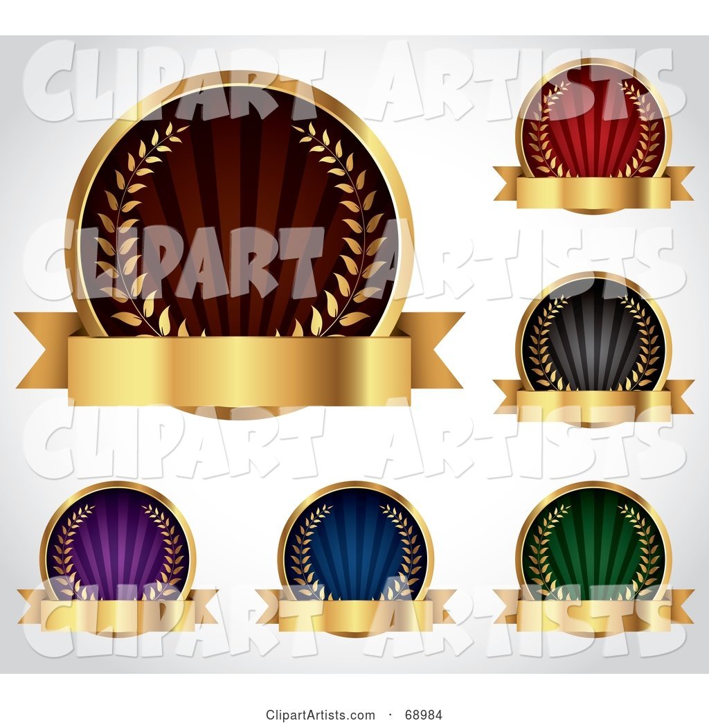 Digital Collage of Five Colorful Round Laurel Logos with Blank Gold Banners