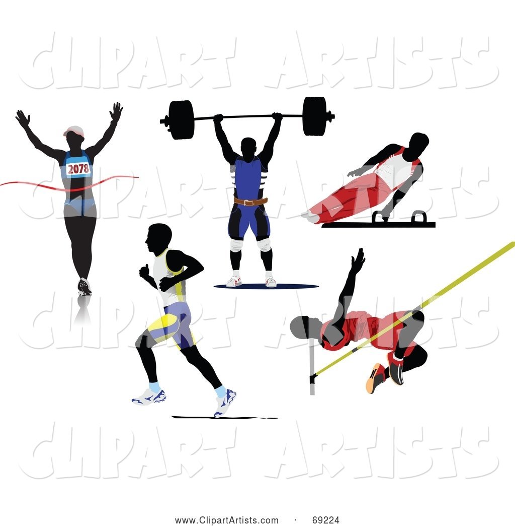 Digital Collage of Five Silhouetted Athletic Men; Runners, Weight Lifter, Gymnast and Pole Vaulter