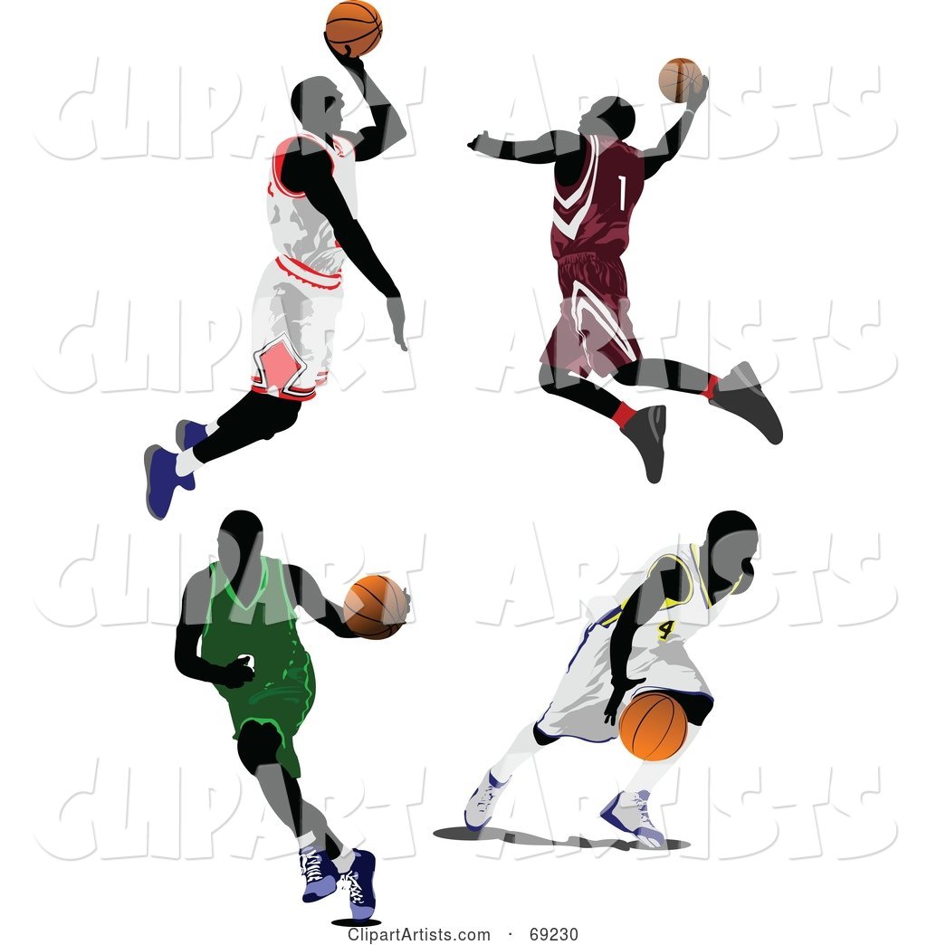 Digital Collage of Four Jumping, Running and Dribbling Basketball Players