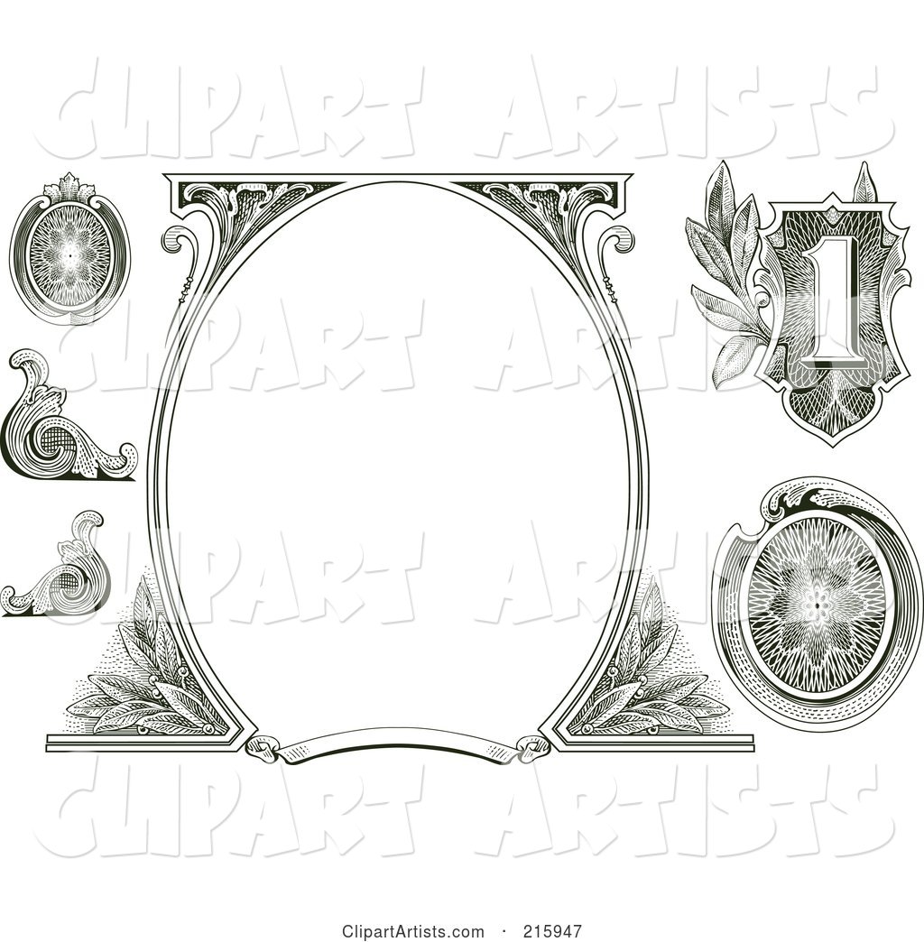 Digital Collage of Money Design Elements with a Blank Oval Frame