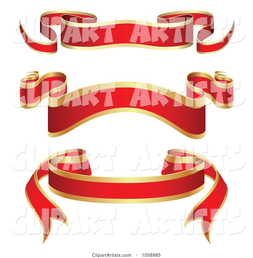 Digital Collage of Ornate Blank Red and Gold Ribbon Banners