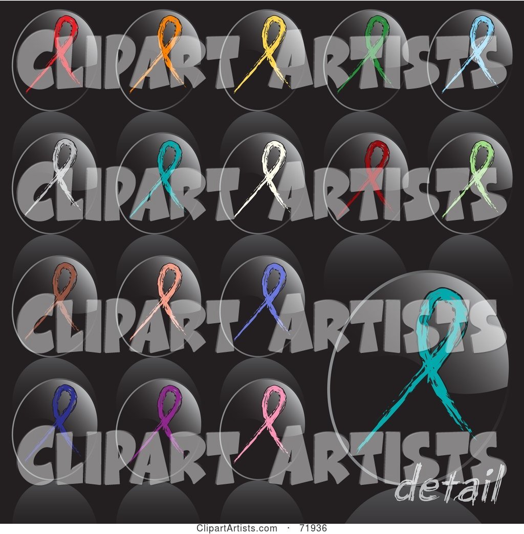 Digital Collage of Oval Shaped Shiny Black Awareness Ribbon Icon Buttons