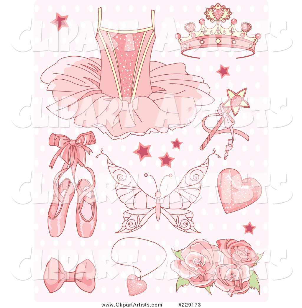 Digital Collage of Pink Princess and Ballet Icons on a Patterned Background