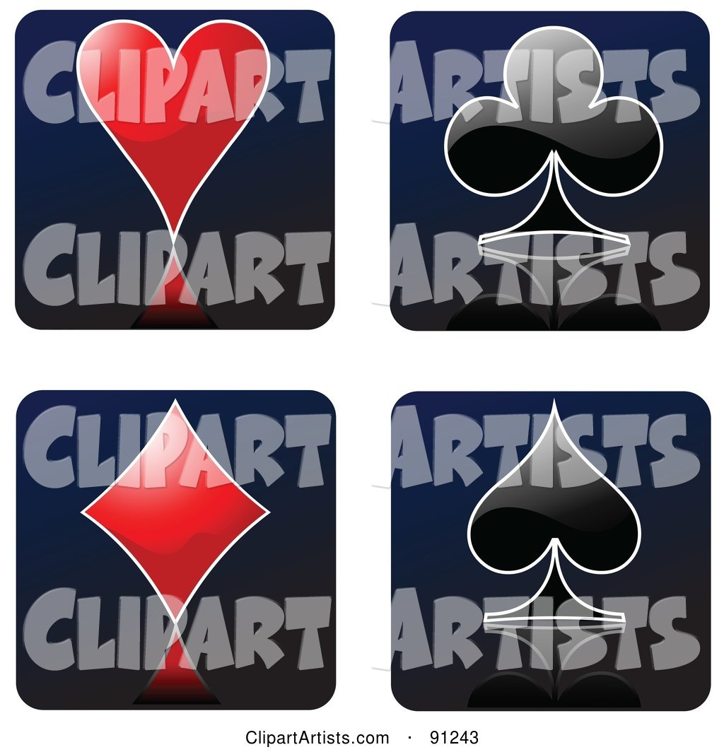 Digital Collage of Red and Black Playing Card Heart, Club, Diamond and Spade Suit Symbols