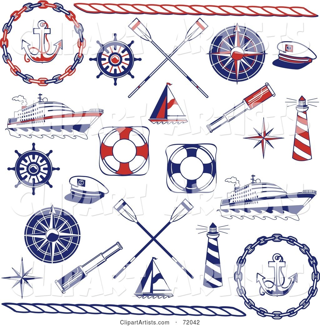 Digital Collage of Red and Blue Nautical Icons