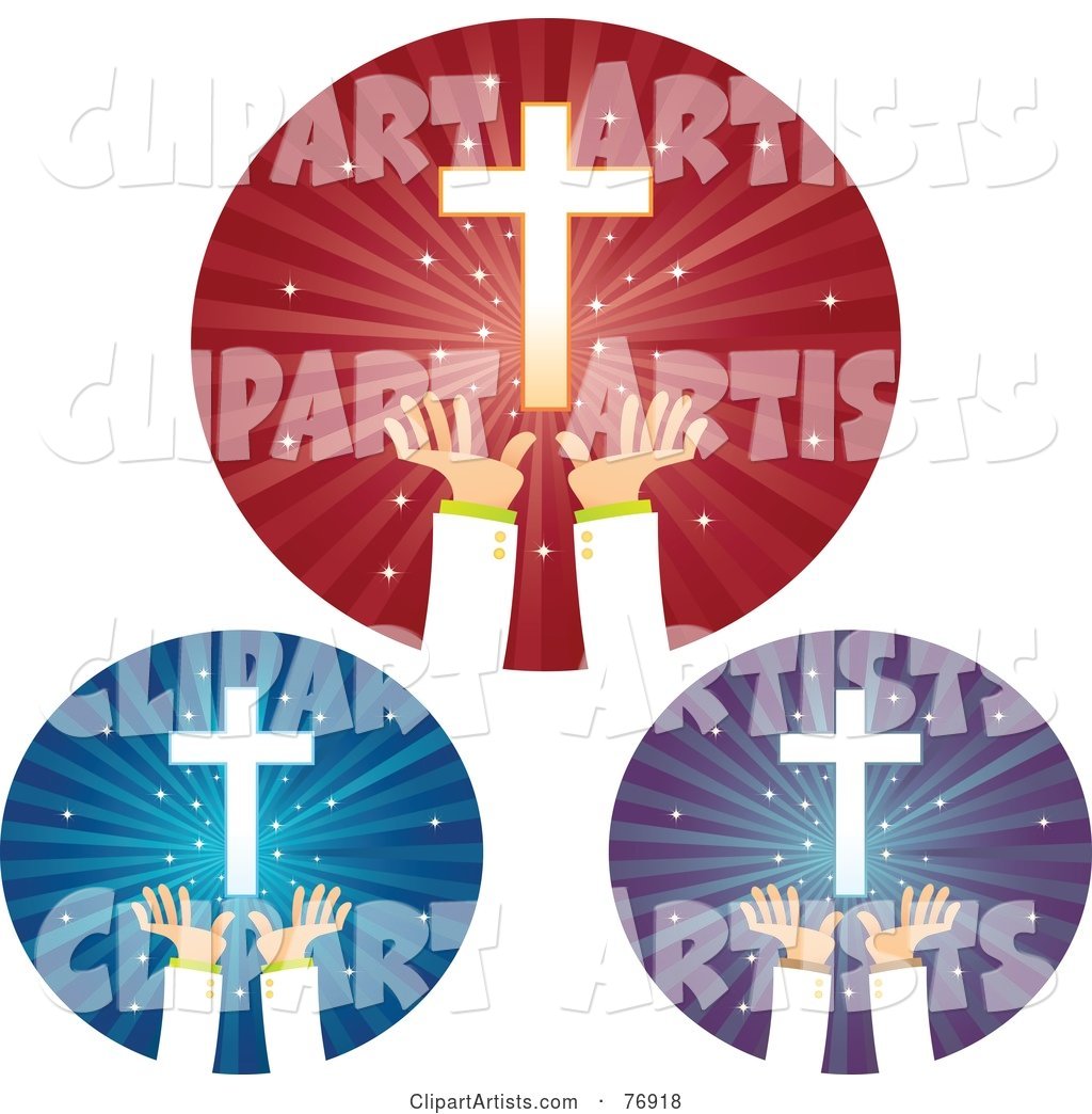 Digital Collage of Red, Blue and Green Circles of Hands Reaching for Crosses