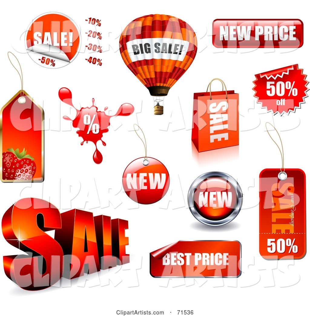 Digital Collage of Red Retail Sale Icons with Unique Shapes