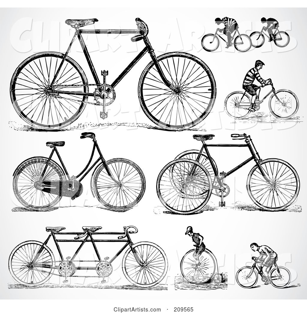 Digital Collage of Retro Black and White Bicycles and People Riding Bikes