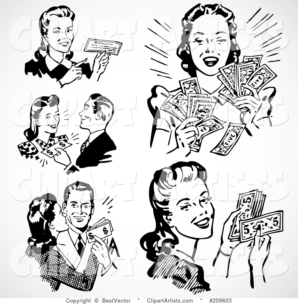 Digital Collage of Retro Black and White Men and Women with Cash and a Check