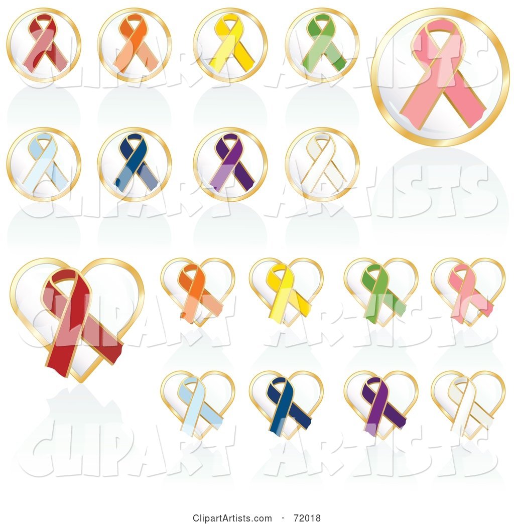 Digital Collage of Round and Heart Shaped Awareness Ribbon Buttons