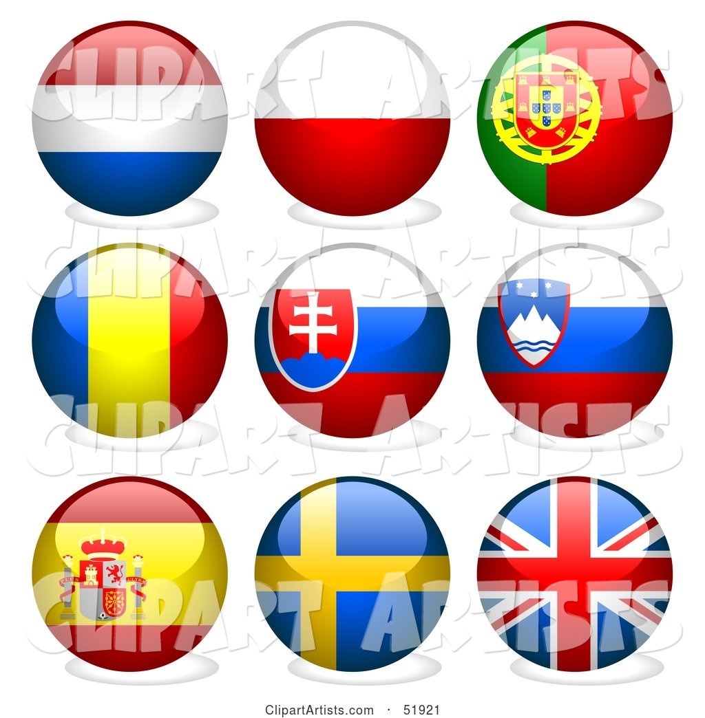 Digital Collage of Round Flag Buttons; Netherlands, Poland, Portugal, Romania, Slovakia, Slovenia, Spain, Sweden, Great Britain