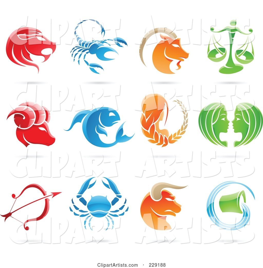Digital Collage of Shiny Astrology Zodiac Logo Icons