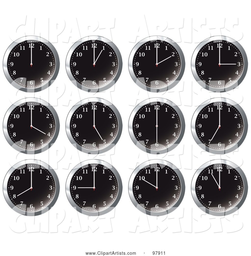 Digital Collage of Shiny Black Office Wall Clocks at Different Times