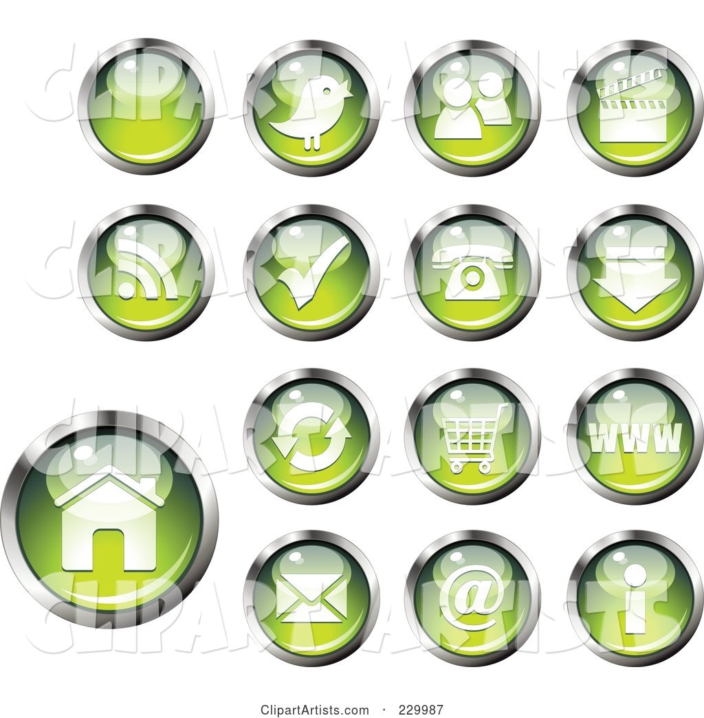 Digital Collage of Shiny Green and Chrome Computer and Website Icon Buttons