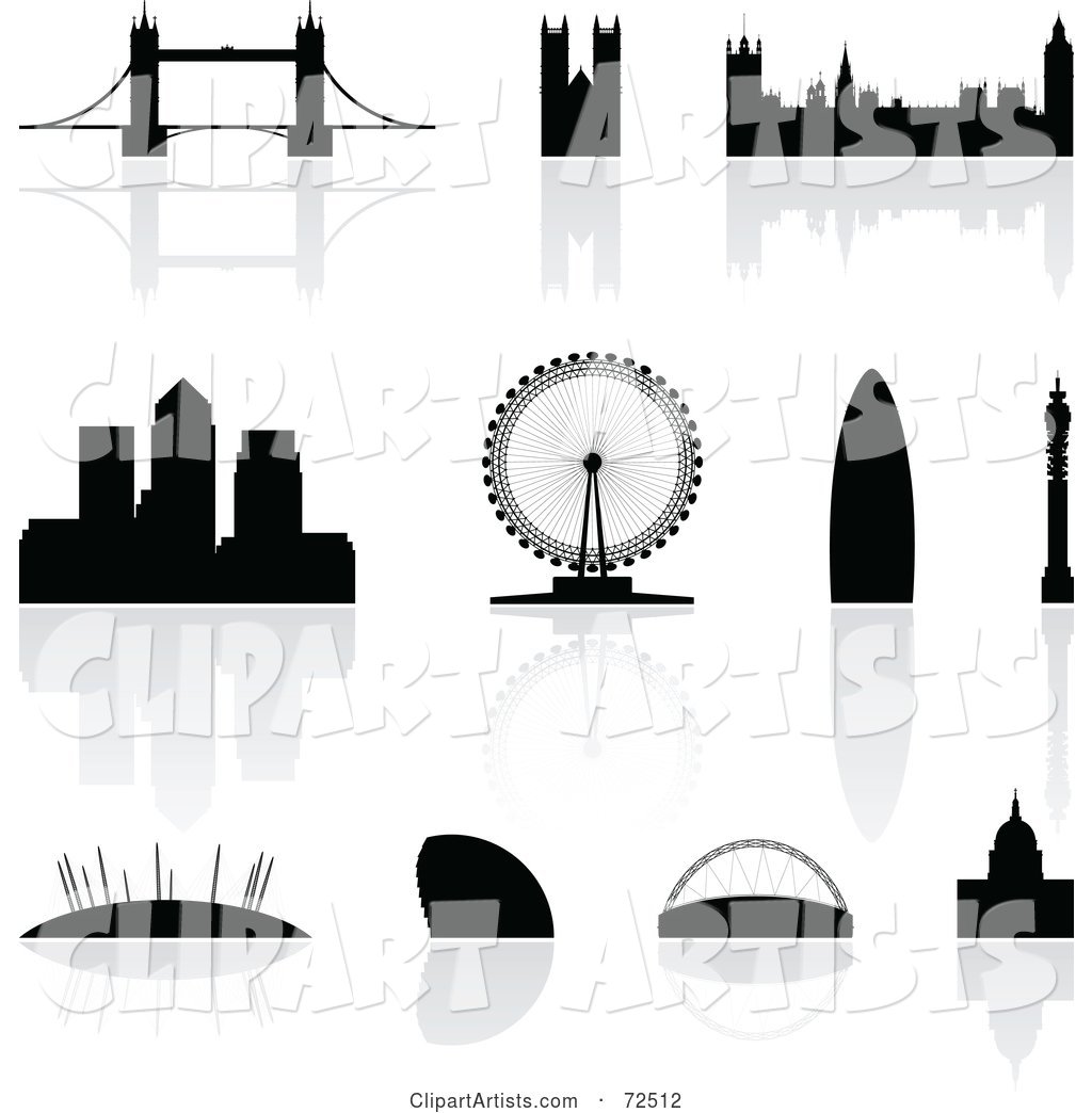 Digital Collage of Silhouetted London Landmarks with Reflections