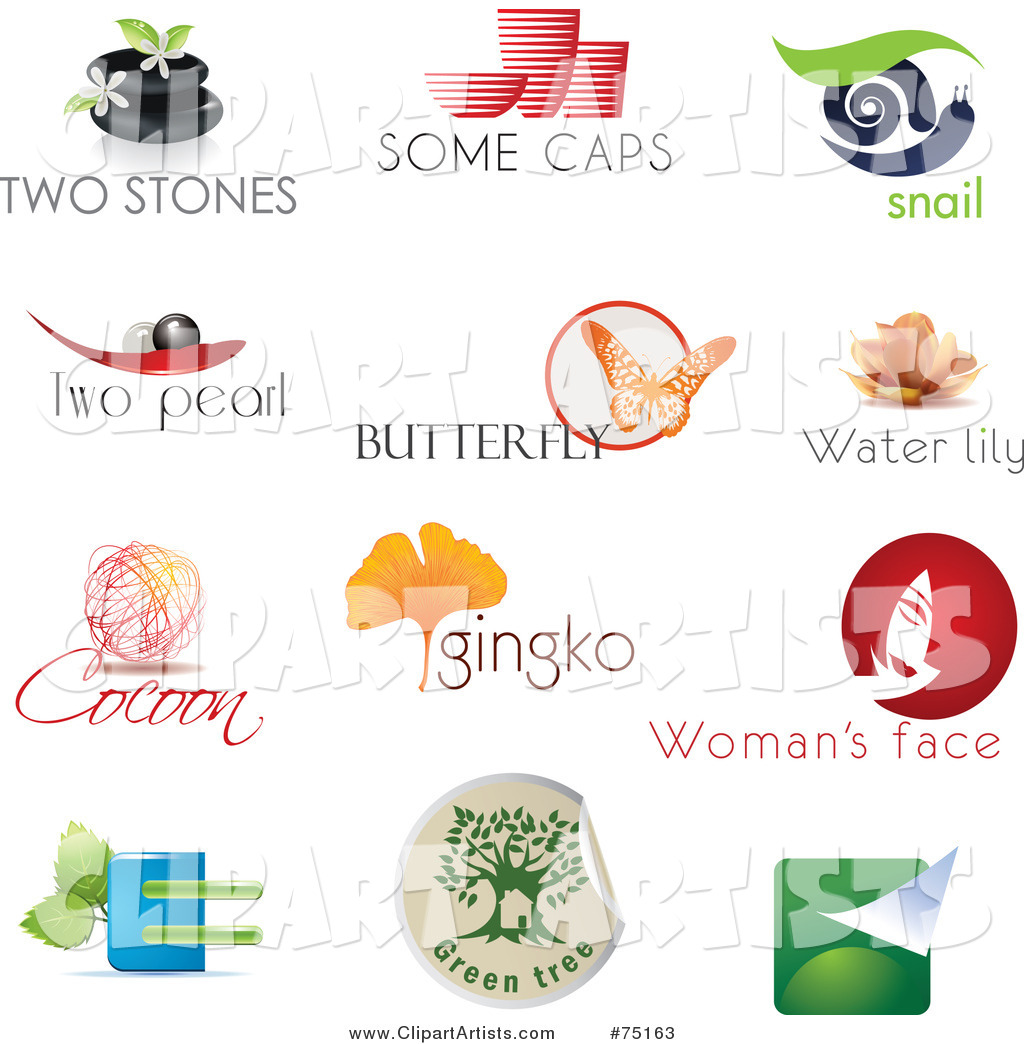 Digital Collage of Spa, Pottery, Snail, Pearl, Butterfly, Lotus, Cocoon, Ginkgo, Beauty and Eco Logo Icons