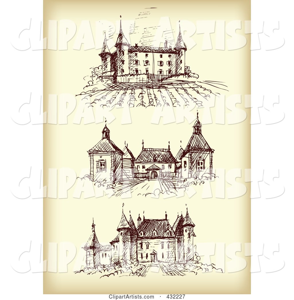 Digital Collage of Three Chateaus on Sepia