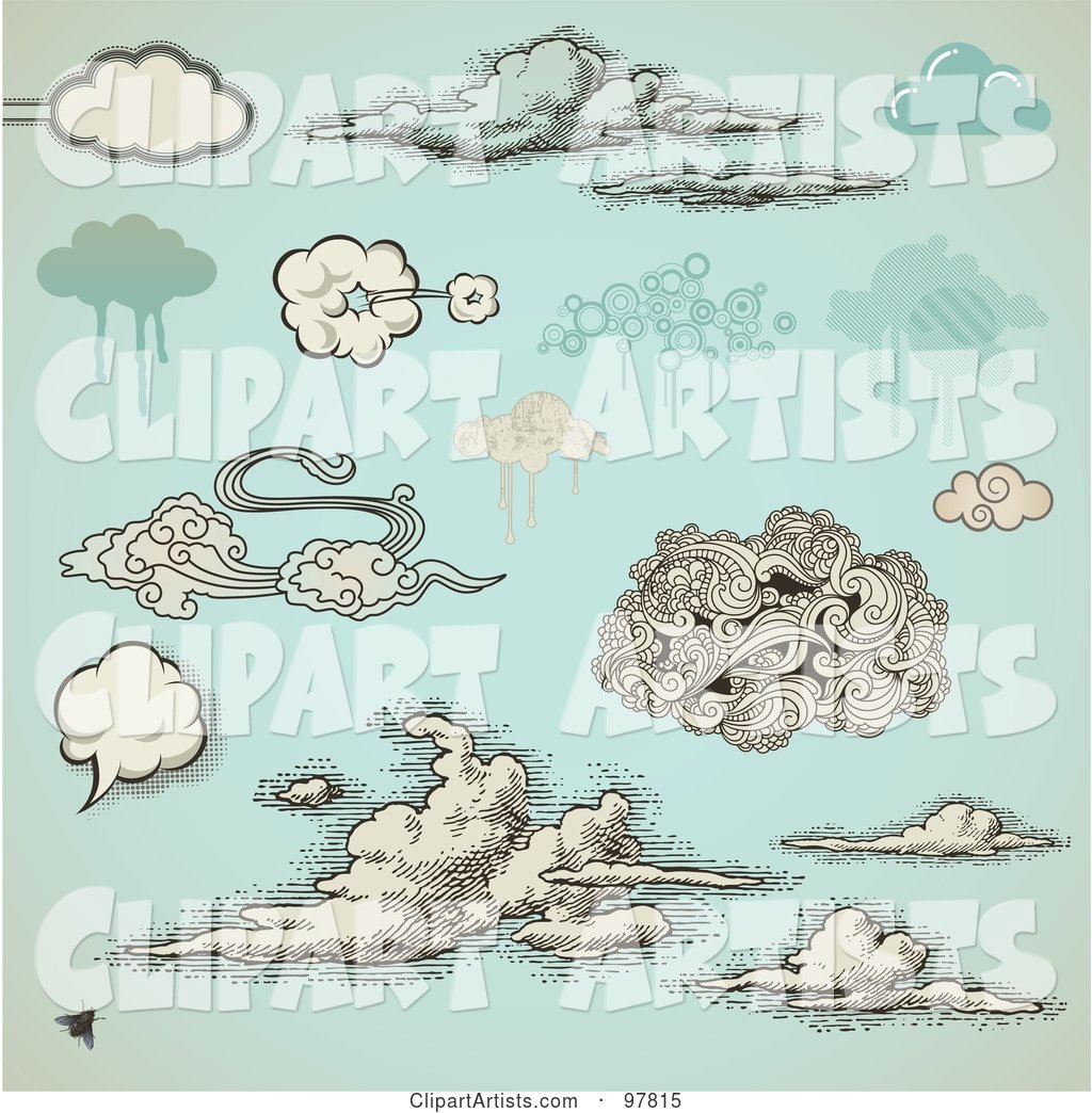 Digital Collage of Vintage and Grungy Styled Clouds over Antique Blue