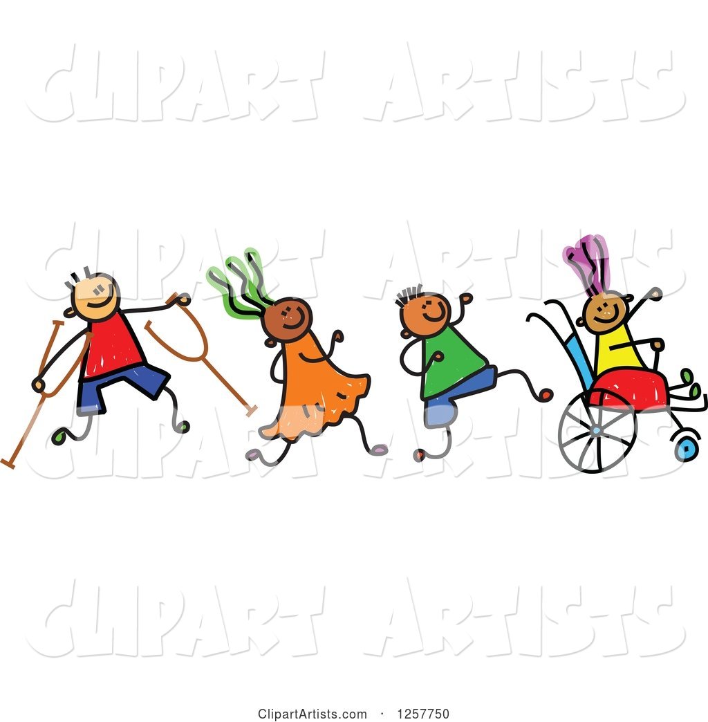 Diverse Group of Disabled Stick Children Running and Playing