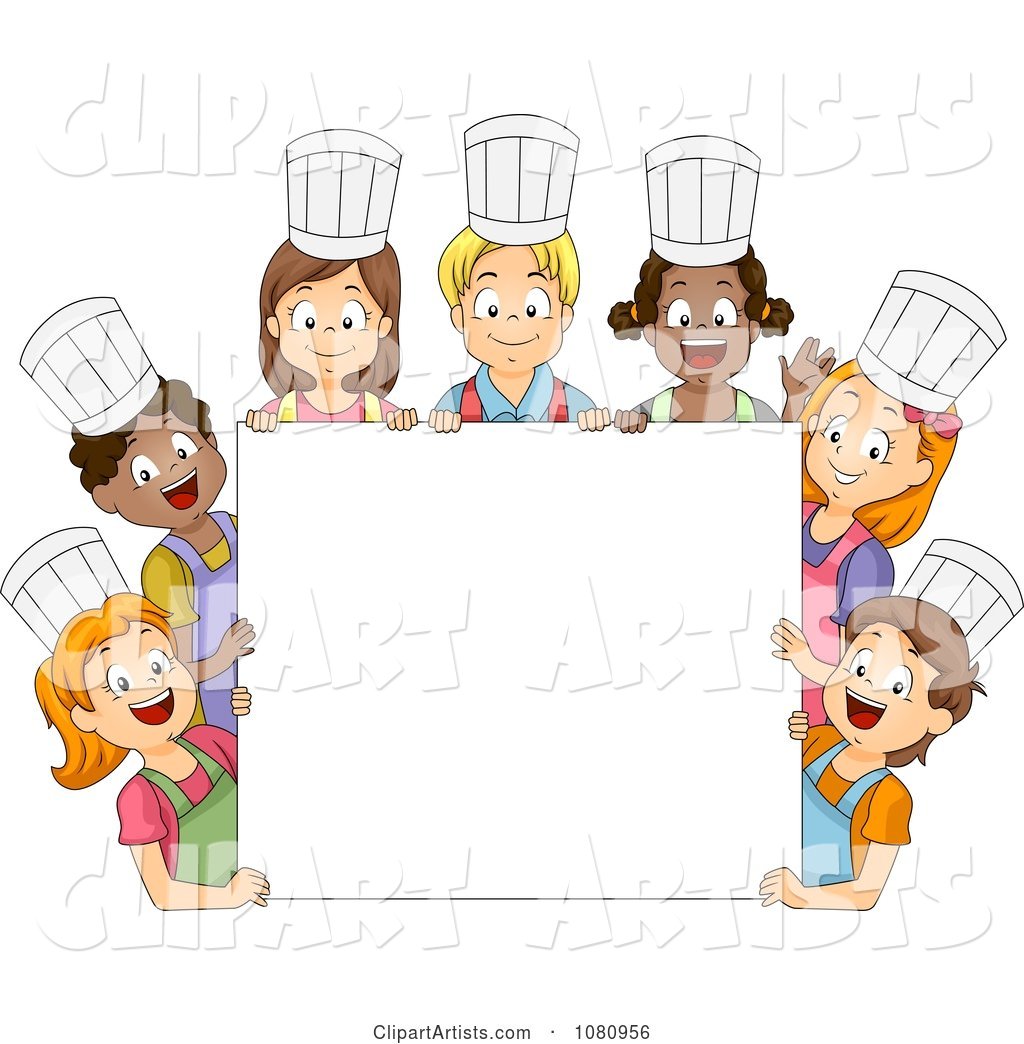 Diverse Kids Wearing Chef Hats Around a Blank Sign