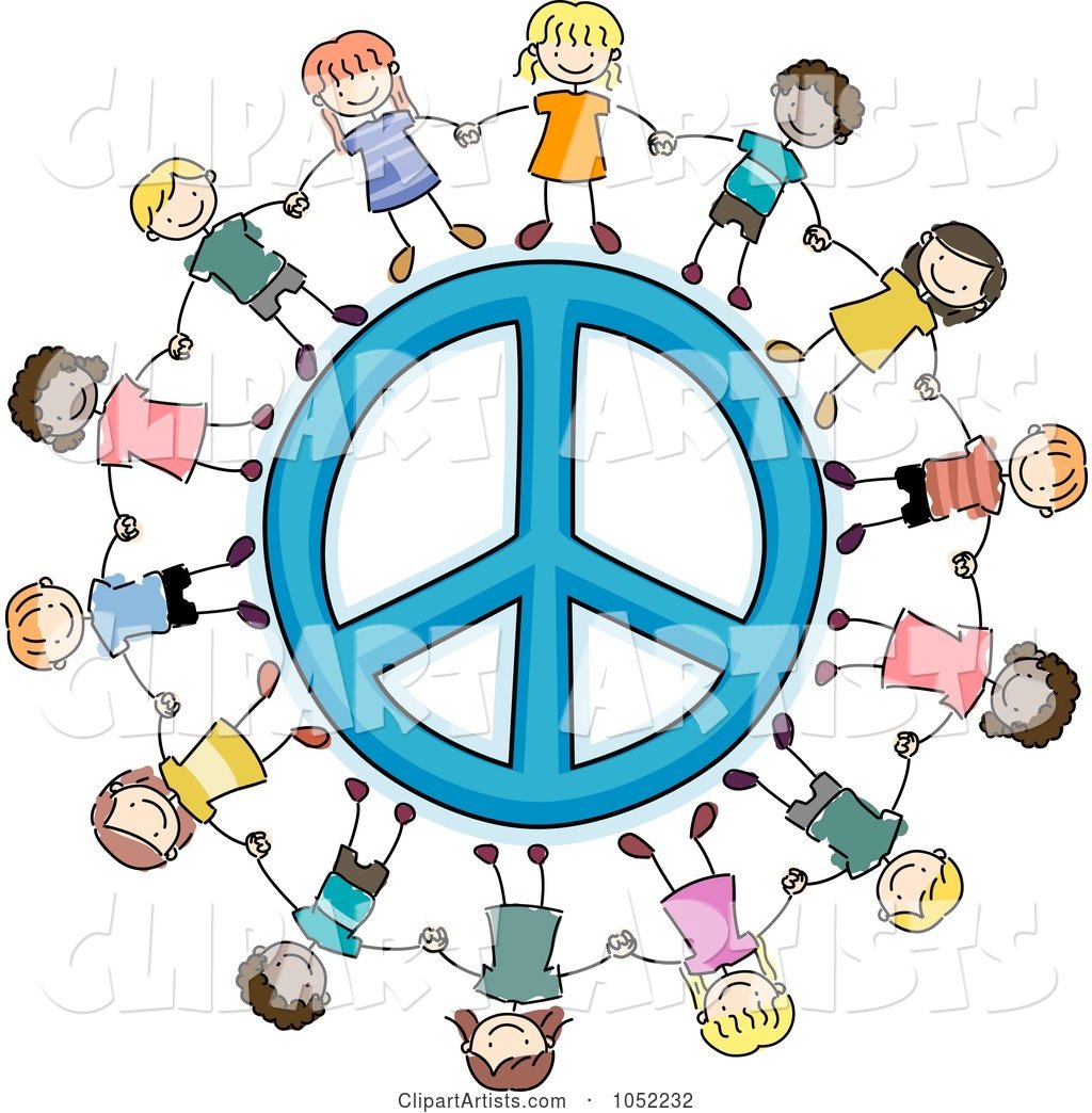 Doodled Kids Holding Hands Around a Peace Symbol